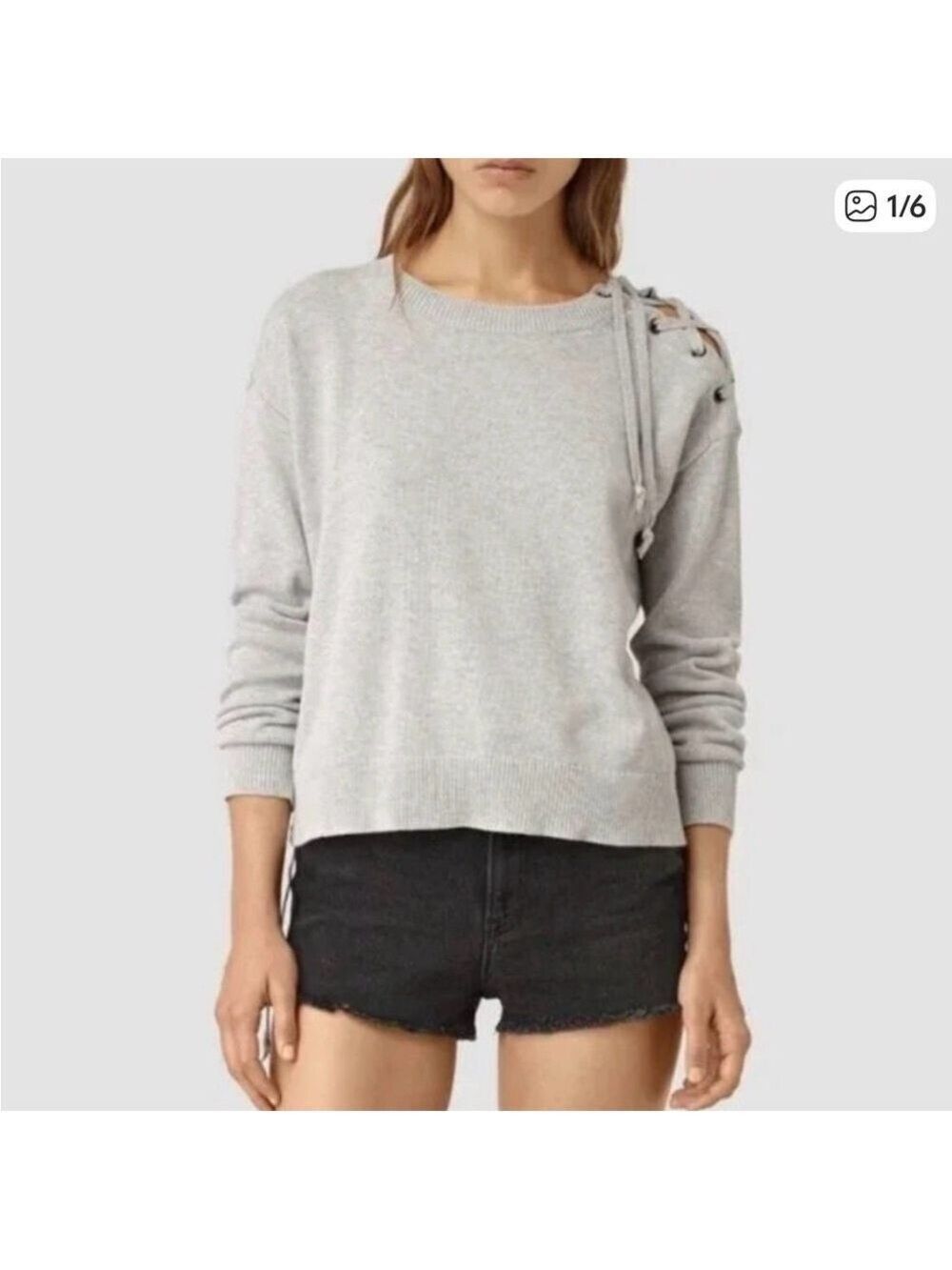 Allsaints Light Gray Revo Lace-Up Shoulder Women's Sweater 100% Cotton Size M